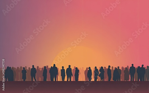 A silhouetted crowd of people stands in a line against a vibrant sunset backdrop, creating a striking and contemplative scene.