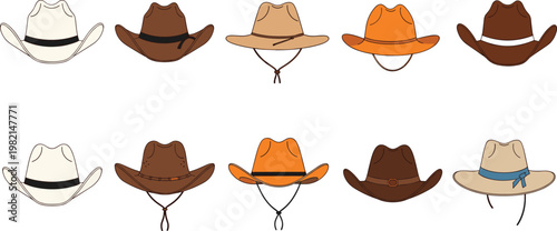 Set of western cowboy hat vectors in various brown and tan colors with chin straps for wild west fashion and country style apparel designs