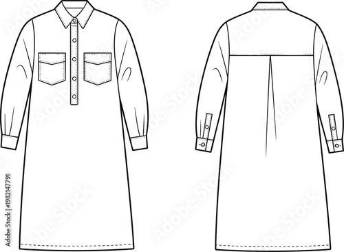 Flat vector shirt dress design, collar, pockets, cuffs, box pleat back