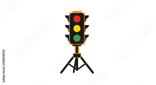 Traffic light on tripod stand with three illuminated signals.