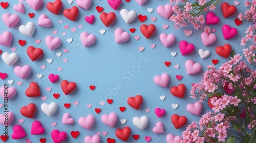 Colorful pink, red, and white hearts and flowers on blue background for valentine