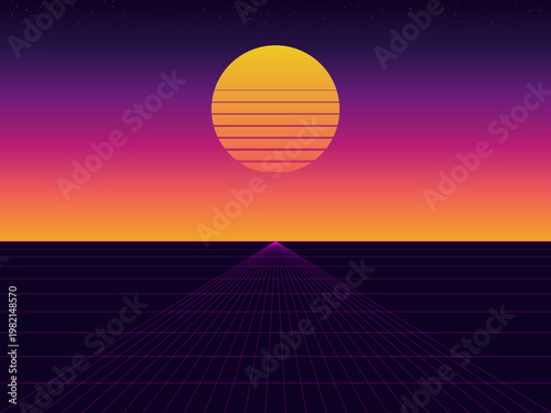Synthwave Retro Sunset Neon Grid Landscape Background Vector