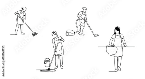 Line art illustrations depict people performing various household cleaning tasks
