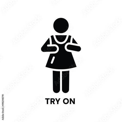 Minimalist black glyph of a person trying on clothes, flat