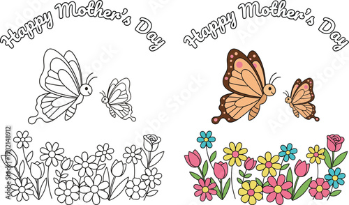 Happy Mothers Day butterfly and flowers cute cartoon vector outline style