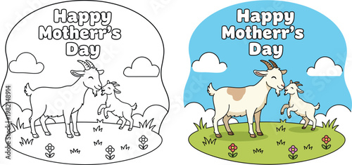 Happy Mothers Day goat and baby in meadow cute cartoon vector outline style