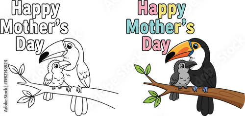 Happy Mothers Day toucan and baby bird cute cartoon vector outline style