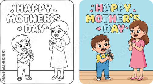 Mothers Day kids singing song for mom cute cartoon vector outline style