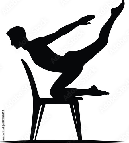 Silhouette of a male dancer in a dynamic pose on a chair representing flexibility and modern ballet isolated on white background
