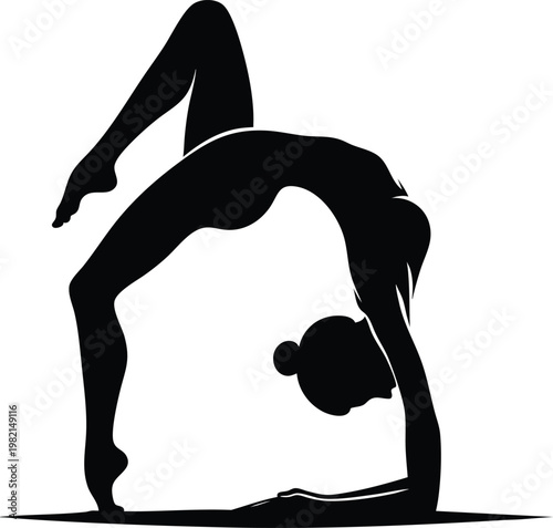 Silhouette of a woman performing a deep yoga backbend pose a flexible gymnast in a challenging stretch isolated on white background for fitness and 