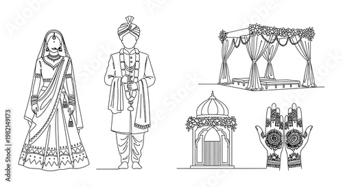 Indian wedding illustration featuring a couple mandap and henna designs