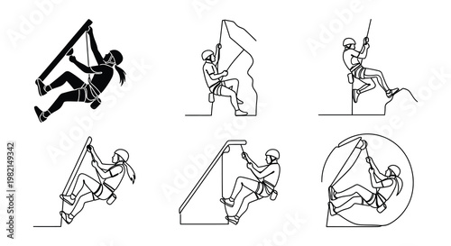 Line art illustrations depict individuals engaged in various rock climbing positions