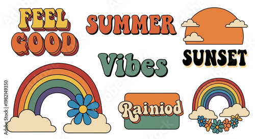 Vibrant rainbow stickers with flowers and clouds evoke summer vibes and good feelings.