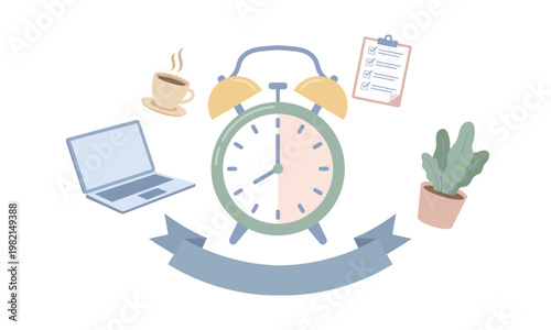 Time management and productivity concept illustration with alarm clock and office elements.
