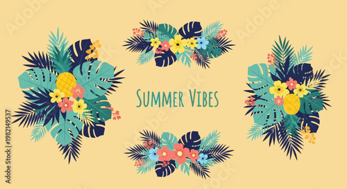 Summer floral patterns with tropical leaves and colorful flowers arrangement
