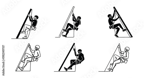Line art illustrations depict individuals engaged in various rock climbing positions