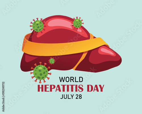 Human liver with symbols of virus, a campaign ribbon, wording of World Hepatitis Day, and doctor in cartoon character on world map and light green background.