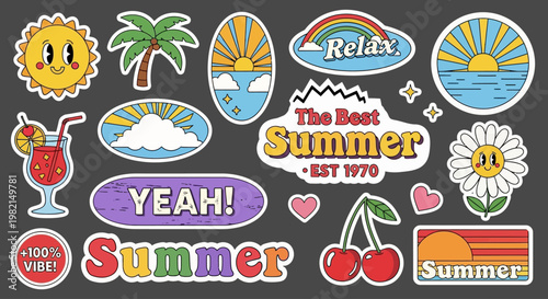 A vibrant sticker sheet featuring summer-themed icons and phrases on a dark background with palm tree, smiley faces, and colorful designs.
