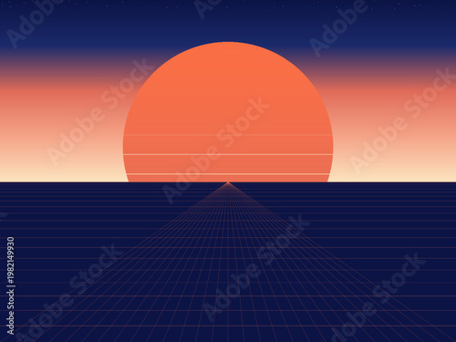 80s Retrowave Sun Horizon Perspective Grid Poster Art