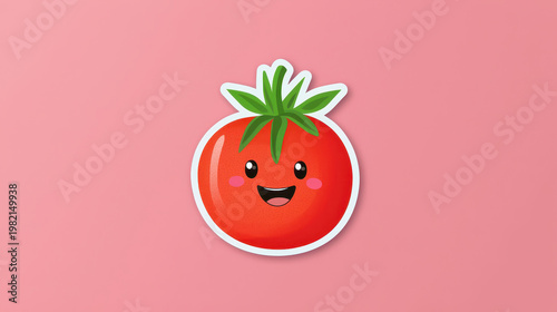 Cute tomato sticker with smiling face and green leaves on pink background, perfect for adding cheerful touch to any design