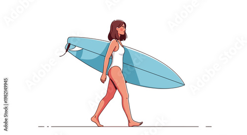 A woman walks along the beach carrying a blue surfboard on her shoulder.