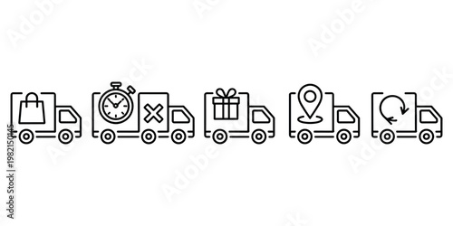 Set of delivery truck with shopping bag stopwatch gift box map pin and return arrow in white background