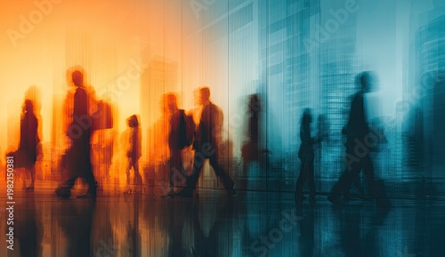 A blurred, abstract image depicts a bustling cityscape with indistinct figures moving through the urban environment, creating a sense of motion and modern life.