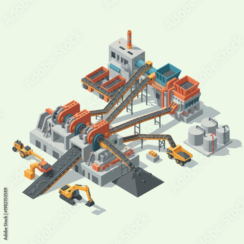 Isometric Mining Complex Illustration with Conveyor Belts and Machinery.