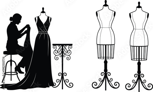 Fashion designer tailoring dress on mannequin silhouette, dressmaking studio scene, sewing atelier concept, couture design process, elegant fashion vector illustration