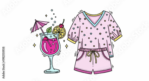 Illustration of a cocktail and pink pajamas for relaxation.