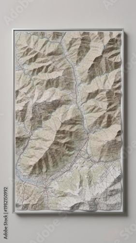 3D Topographic Map: Detailed Relief View of Mountainous Region with Rivers and Roads