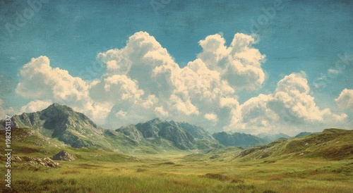 A picturesque landscape showcases rolling green hills and majestic mountains under a vibrant sky filled with fluffy white clouds, evoking a sense of tranquility and natural beauty.