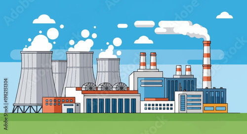 Illustration of a Nuclear Power Plant with Cooling Towers and Chimney.