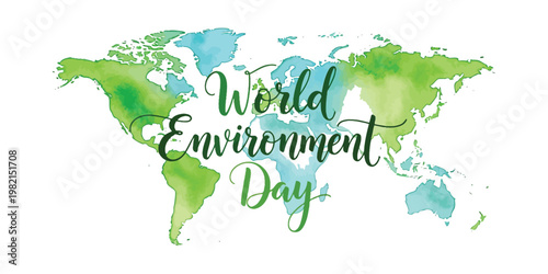 World environment day banner with watercolor map and green calligraphy lettering.