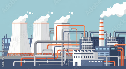 Illustration of a Nuclear Power Plant with Cooling Towers and Smoke Stack.
