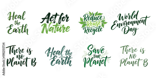 Ecological hand drawn lettering set for environmental conservation and earth day.