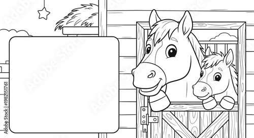 Cute horse and foal in stable coloring page with copy space