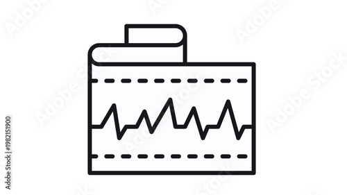 Electrocardiogram ECG Heart Rate Monitor Readout Vector Icon Illustration, Minimalist Black Line Symbol of Medical Diagnostic Pulse Wave on Folded Paper Strip for Healthcare Design