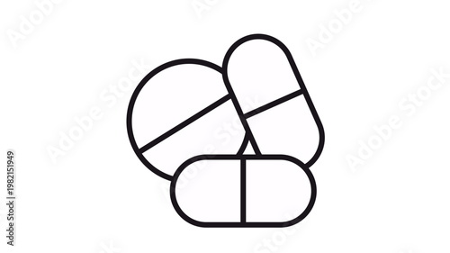 Minimalist black line art vector icon illustration of a round pill and two capsules, symbolizing medicine, pharmacy, healthcare, pharmaceutical drugs, and medical treatment on white.
