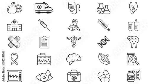 Medical and Healthcare Vector Icon Set, 25 Black Minimalist Line Art Symbols including Stethoscope, Syringe, First Aid Kit, Ambulance, DNA, Brain, Laboratory Equipment, Pharmacy, and Education.