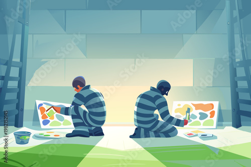 Inmate Art Workshop Scene Vector Illustration of