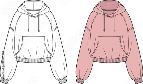 Hooded sweatshirt flat vector, kangaroo pocket, drawstring fashion apparel design sketch