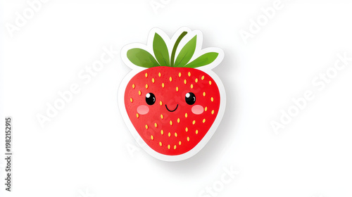 Cute strawberry sticker with smiling face, vibrant red color, and green leaves, perfect for adding cheerful touch to any item