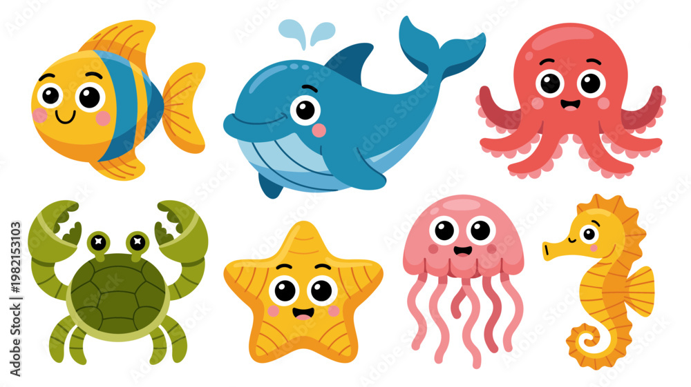 Fototapeta premium Cute Sea Animals Cartoon Vector Set Adorable Ocean Creatures Collection