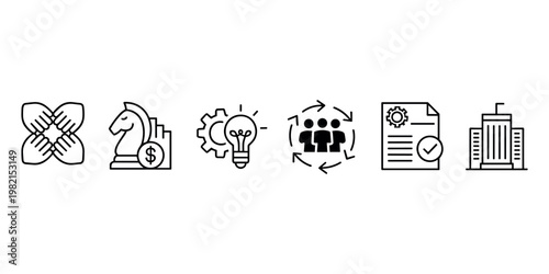 Set of six black outline depicting teamwork idea finance document and building collaboration hands chess knight