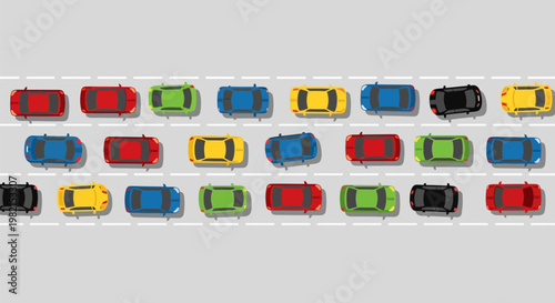 Vibrant colorful lineup of multiple cars in view.