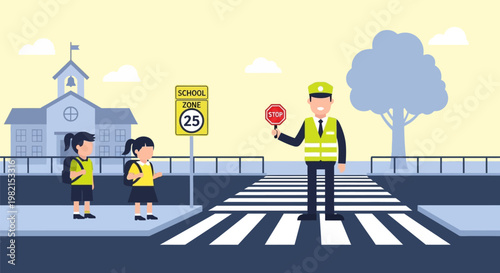 Crossing Guard Directing Children at a School Crossing.