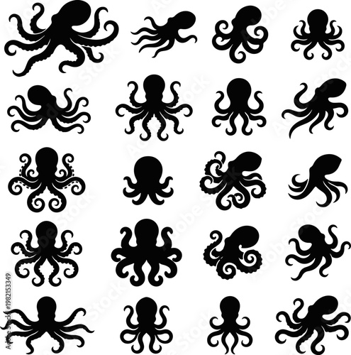 Set of octopus silhouettes vector illustration isolated