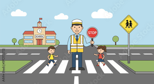 Crossing guard at crosswalk directing pedestrians with stop sign.