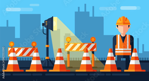 Construction Worker In Safety Gear On Site.